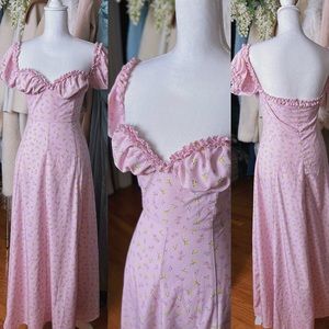 Pink or Blue Ditsy Floral Maxi Dress with Leg Slit Cottagecore Dreams